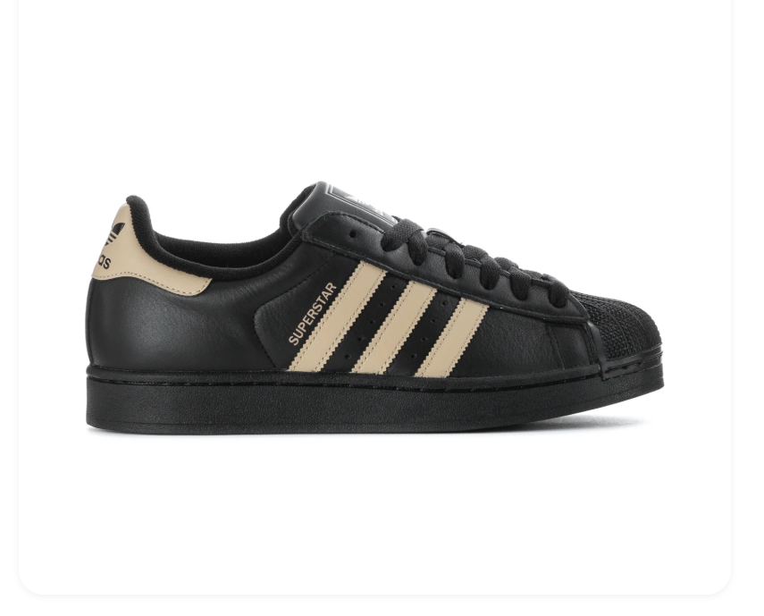 Adidas Superstar 'Core Black & Sand Strata' Black Leather Upper, Sand Strata 3-Stripes & Heel Tab, Black Shell Toe, Black Round Laces & Black Rubber Outsole Tonal Urban Heritage Lifestyle Sneakers
