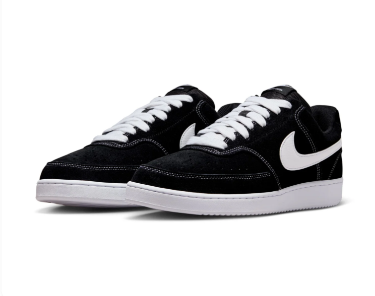 Nike Court Vision Low 'Black & White' All-Black Perforated Suede, White Swoosh & Contrast Stitch Court Sneakers