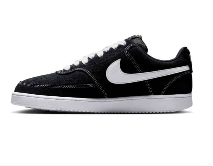 Nike Court Vision Low 'Black & White' All-Black Perforated Suede, White Swoosh & Contrast Stitch Court Sneakers