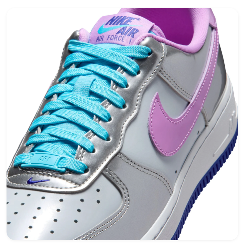 Nike Air Force 1 Low '07 SE 'Metallic Silver & Violet Frost' Mirror Metallic Leather, Lilac Swoosh, Aqua Laces & Hyper Blue Outsole Women's AF1 Sneakers