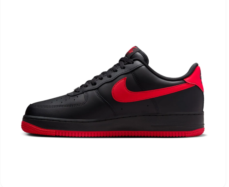 Nike Air Force 1 Low '07 'Black & University Red' Bred All-Black Leather, Red Swoosh, Red Collar Lining, AF1 Metal Dubraes & Full Red Outsole Bold Streetwear Sneakers