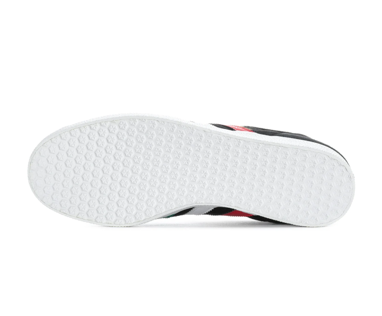 Adidas Gazelle 'Italy Tricolore' Core Black Suede Upper, Tri-Color Red-White-Green 3-Stripes, Red Leather Heel Collar, White Laces, Gold GAZELLE Lettering, Green Trefoil Tongue & White EVA Midsole Heritage Football Nation Lifestyle Sneakers