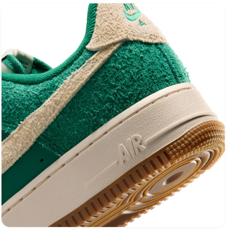 Nike Air Force 1 Low '07 LV8 'Malachite & Sail' Cracked Green Suede, Sail Swoosh, University Gold Laces & Gum Outsole Vintage AF1 Sneakers