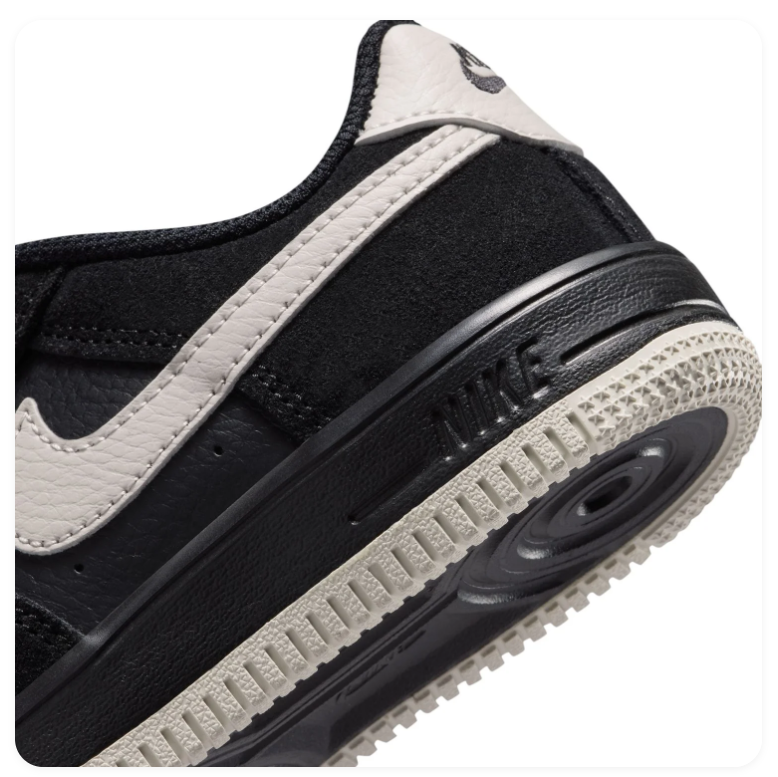 Nike Force 1 Low EasyOn 'Black & Light Bone' All-Black Leather Suede, Light Bone Swoosh, Elastic No-Tie Lacing & Sail Midsole Easy On-Off Kids' Classic Sneakers