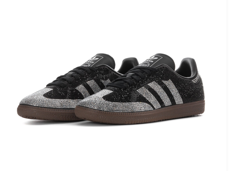 Adidas Samba OG 'Crystal Black' Full-Coverage Rhinestone Embellished Black Upper, Silver Crystal 3-Stripes, Black Round Laces, Trefoil Tongue Label & Gum Rubber Outsole Luxury Fashion Embellished Heritage Lifestyle Sneakers