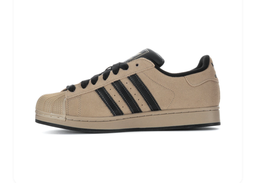 Adidas Superstar 'Wonder Beige & Core Black' Sand Suede, Black Leather 3-Stripes, Tonal Beige Shell Toe, Black Heel & Inner Lining, Square Trefoil Tongue Label & Black Outsole Earthy Retro Basketball Lifestyle Sneakers
