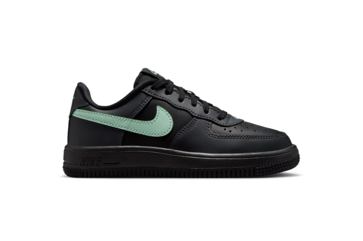 Nike Air Force 1 Low (GS) 'Black & Jade Smoke' All-Black Leather, Jade Smoke Swoosh & Tonal Triple Black AF1 Kids Youth Sneakers