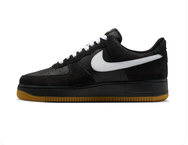 Nike Air Force 1 Low '07 'Black, White & Gum' All-Black Leather, White Swoosh & Gum Rubber Outsole Sneakers