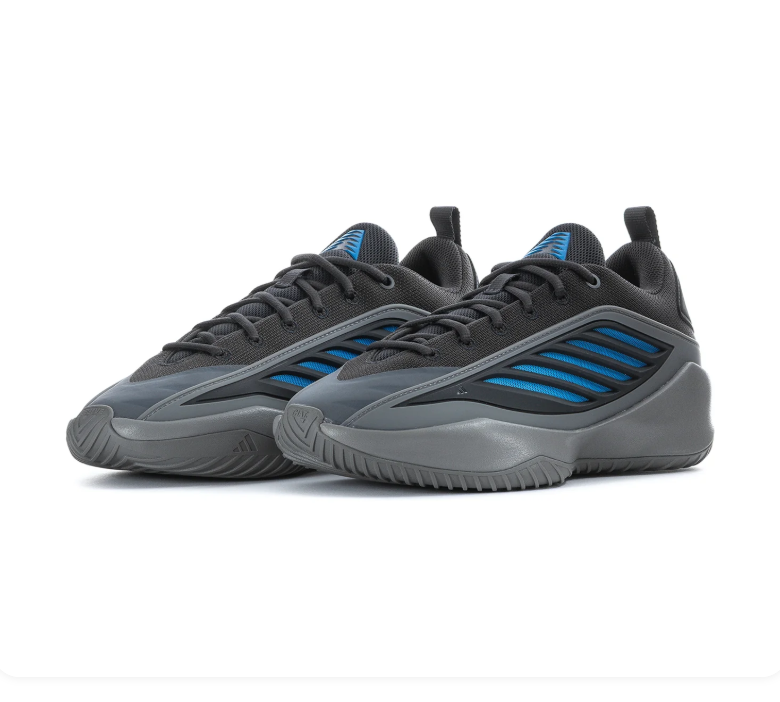 Adidas Own The Game 3 'Carbon & Bright Blue' Black Mesh Upper, Bright Blue 3-Stripes, Blue Trefoil Heel Branding, Grey Pull Tab, Chunky Grey OwnTheGame Midsole & Grey Rubber Outsole High-Performance Basketball Sneakers