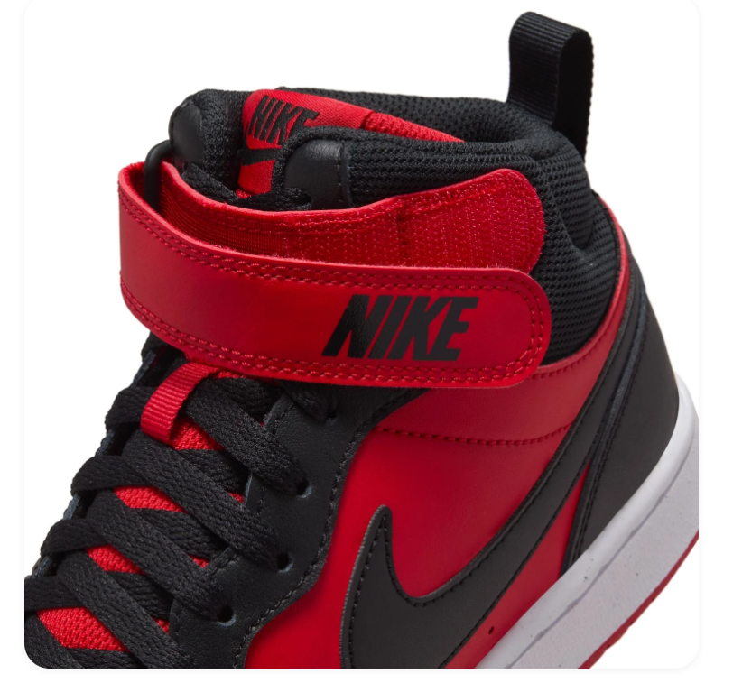 Nike Court Borough Mid 2 (GS) 'Bred' Black & University Red Leather, Black Swoosh & Velcro Ankle Strap Kids Youth Mid-Top Court Sneakers