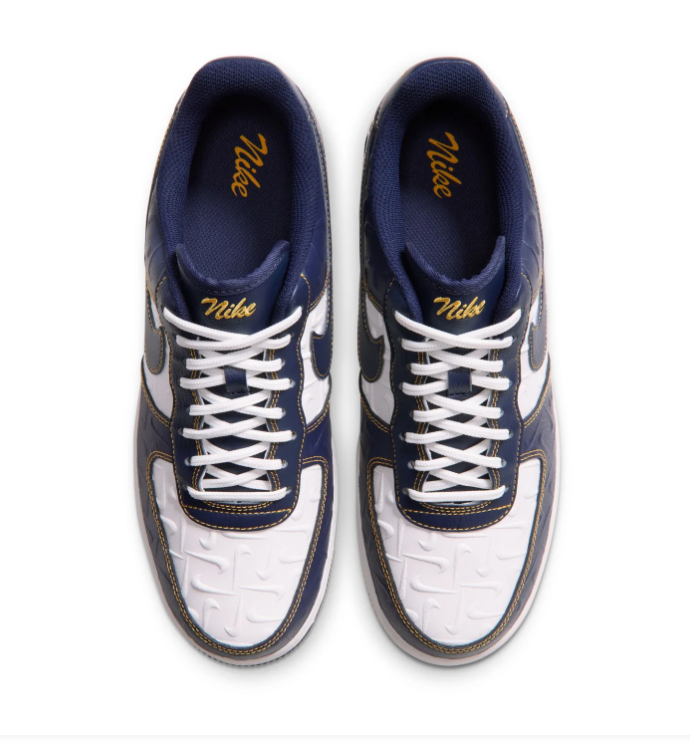 Nike Air Force 1 Low '07 'Midnight Navy & White' Navy Croc-Embossed Leather, White Panel, Gold Contrast Stitching, Navy Swoosh & Navy Outsole Premium Collegiate Sneakers