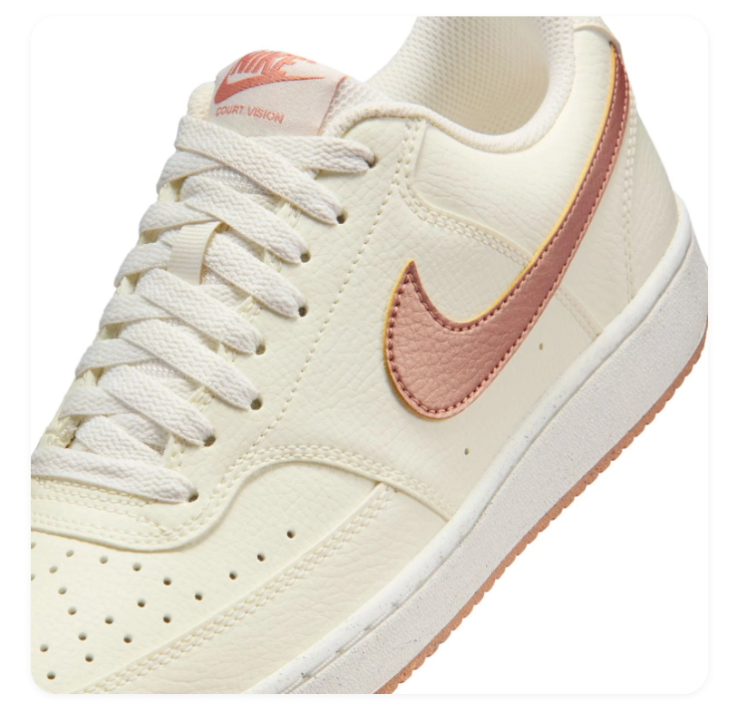 Nike Court Vision Low 'Sail & Red Stardust' Cream Leather Rose Gold Swoosh & Blush Outsole Feminine Luxury Sneakers