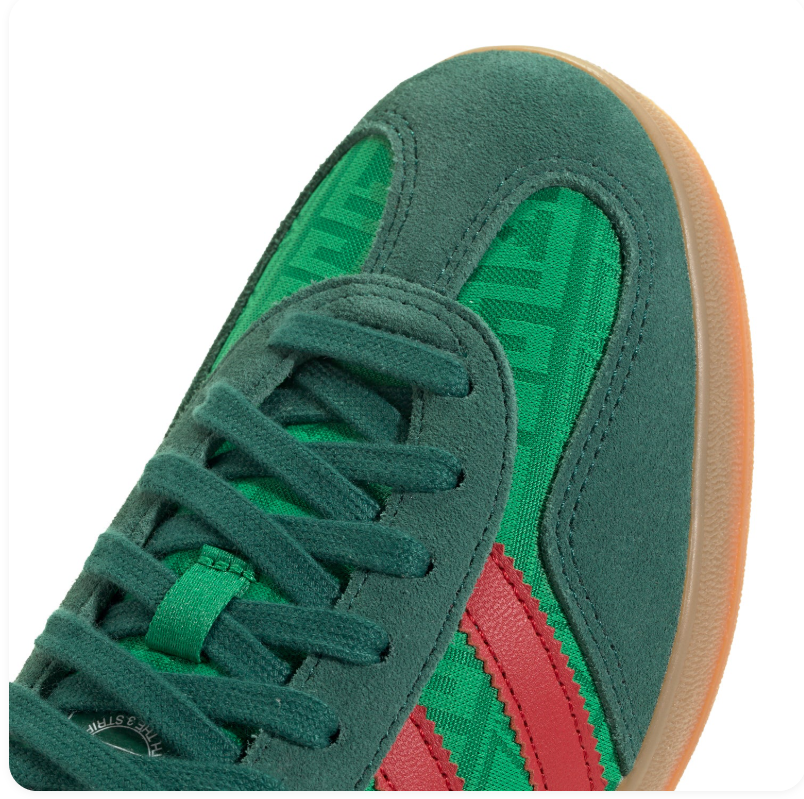 Adidas Gazelle Indoor × Gucci 'Collegiate Green & Scarlet Red' GG Monogram Embossed Bi-Tone Green Leather Upper, Red 3-Stripes, White Collar, Black Square Tongue Label, Gold adidas Insole & Translucent Gum Outsole Luxury Collab Heritage Sneakers