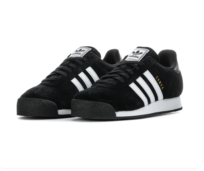 Adidas Samoa 'Core Black & Cloud White' All-Black Suede, White Leather 3-Stripes, Black Heel Tab with Trefoil, Square adidas Tongue Label, Black Laces & White Cupsole Classic American Retro Lifestyle Sneakers