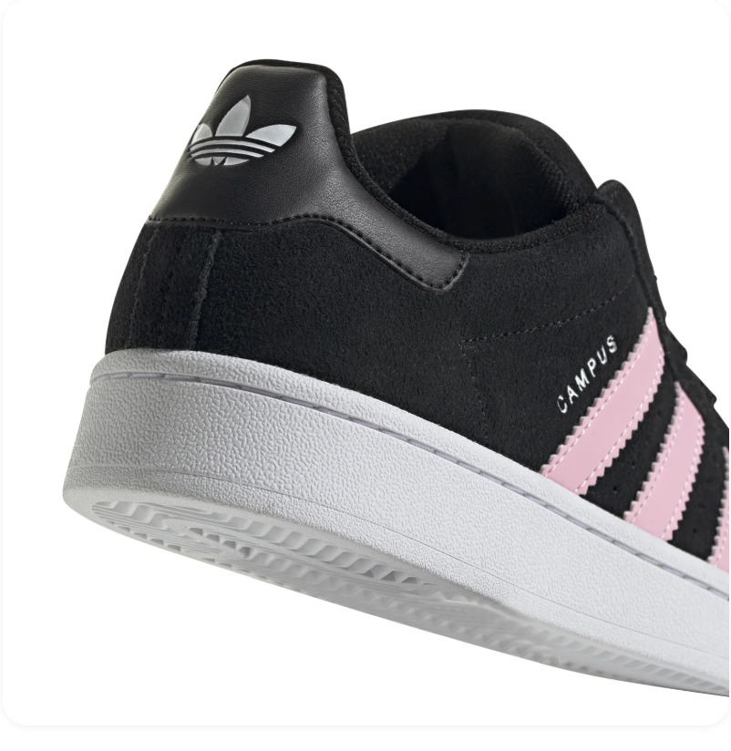 Adidas Campus 00s 'Core Black & Clear Pink' Black Suede, Pink 3-Stripes, Oval Trefoil Badge, CAMPUS Lettering, Black Heel Tab & White Cupsole Retro Y2K Lifestyle Sneakers