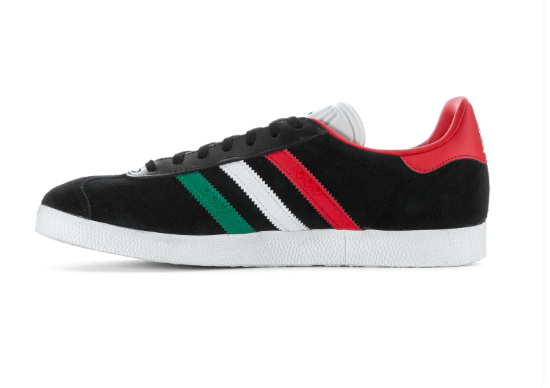 Adidas Gazelle 'Italy Tricolore' Core Black Suede Upper, Tri-Color Red-White-Green 3-Stripes, Red Leather Heel Collar, White Laces, Gold GAZELLE Lettering, Green Trefoil Tongue & White EVA Midsole Heritage Football Nation Lifestyle Sneakers