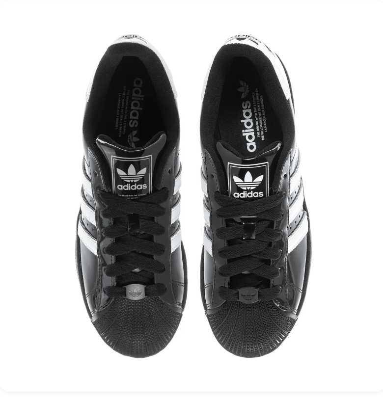 Adidas Superstar 'Core Black Patent' Glossy Black Patent Leather Upper, White 3-Stripes, Black Shell Toe, Black Flat Laces, White Heel Branding & Black Cupsole Midsole High-Gloss Luxe Retro Basketball Lifestyle Sneakers