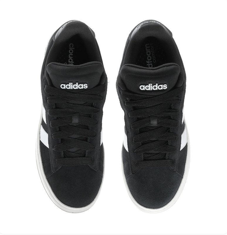 Adidas Grand Court Alpha 'Core Black & Cloud White' All-Black Suede, White 3-Stripes, adidas Heel Branding, Chalk White Chunky Midsole & Gum Outsole Premium Retro Court Lifestyle Sneakers
