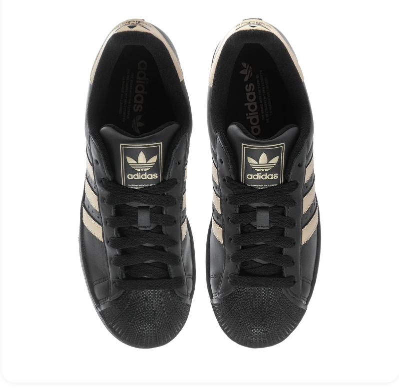 Adidas Superstar 'Core Black & Sand Strata' Black Leather Upper, Sand Strata 3-Stripes & Heel Tab, Black Shell Toe, Black Round Laces & Black Rubber Outsole Tonal Urban Heritage Lifestyle Sneakers