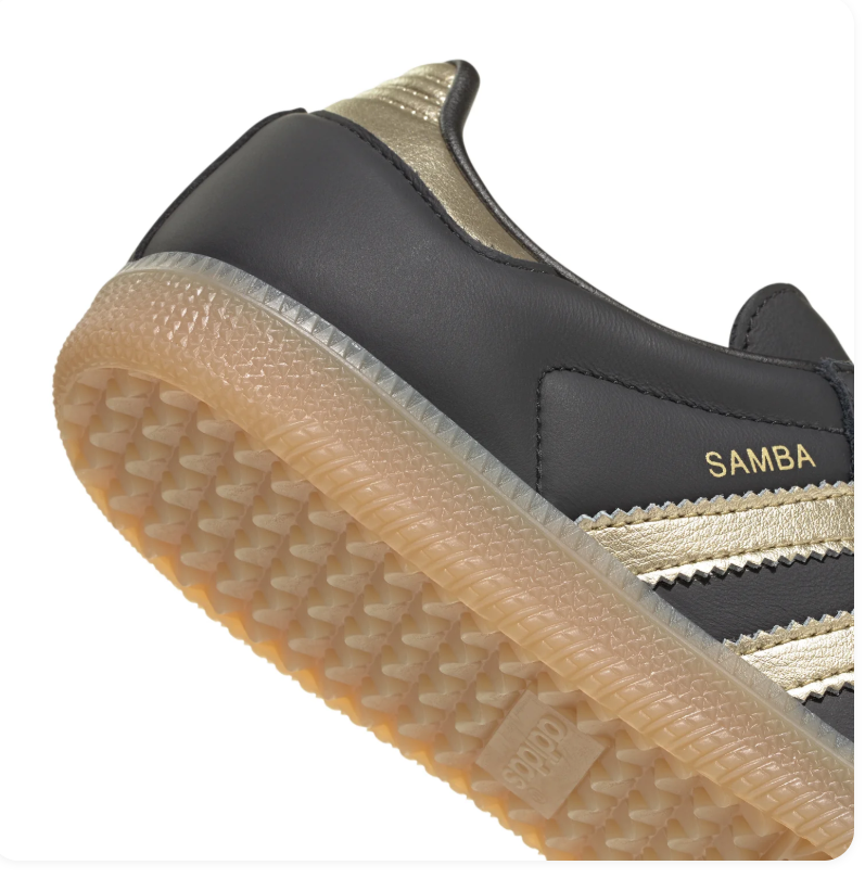 Adidas Samba OG 'Core Black & Gold Metallic' All-Black Leather, Black Suede Toe Cap, Gold Metallic 3-Stripes, Gold Heel Tab, Gold SAMBA Lettering, Blue OG Tongue Label & Gum Outsole Luxe Retro Football Lifestyle Sneakers