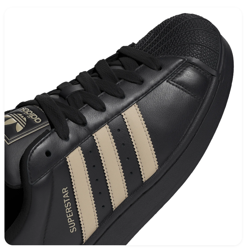 Adidas Superstar 'Core Black & Sand Strata' Black Leather Upper, Sand Strata 3-Stripes & Heel Tab, Black Shell Toe, Black Round Laces & Black Rubber Outsole Tonal Urban Heritage Lifestyle Sneakers