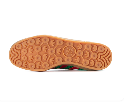 Adidas Gazelle Indoor × Gucci 'Collegiate Green & Scarlet Red' GG Monogram Embossed Bi-Tone Green Leather Upper, Red 3-Stripes, White Collar, Black Square Tongue Label, Gold adidas Insole & Translucent Gum Outsole Luxury Collab Heritage Sneakers