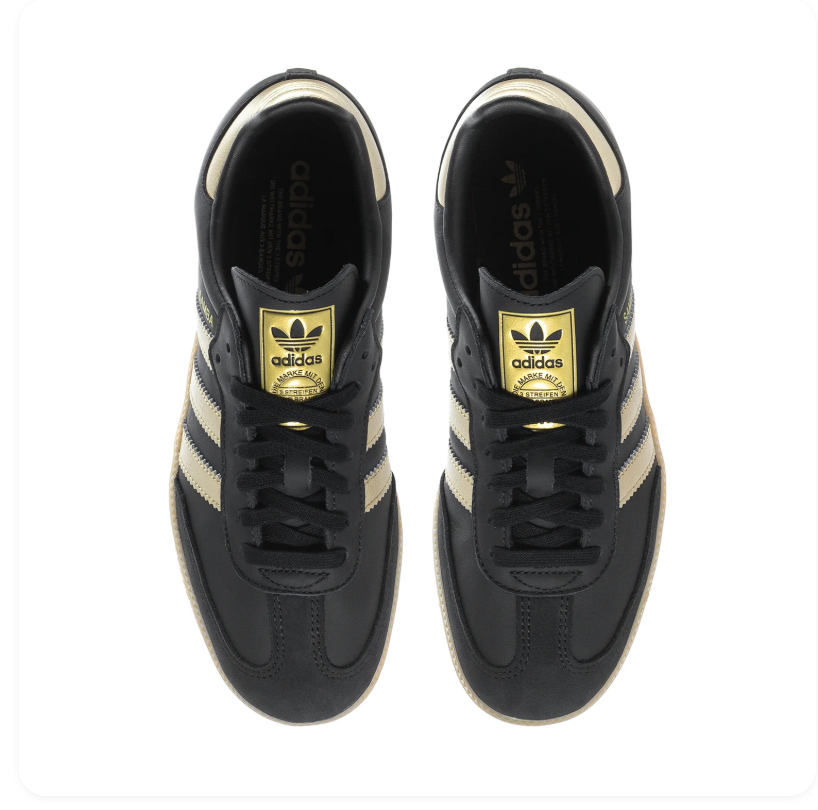 Adidas Samba OG 'Core Black & Gold Metallic' All-Black Leather, Black Suede Toe Cap, Gold Metallic 3-Stripes, Gold Heel Tab, Gold SAMBA Lettering, Blue OG Tongue Label & Gum Outsole Luxe Retro Football Lifestyle Sneakers