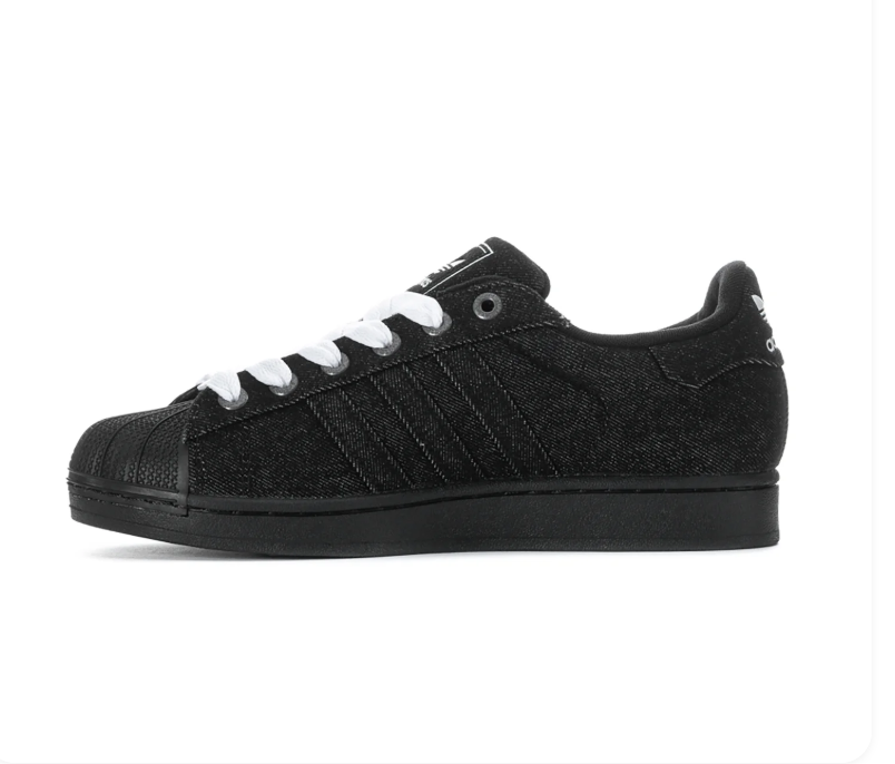 Adidas Superstar 'Core Black' All-Black Suede, Tonal Black 3-Stripes, Tonal Black Shell Toe, White Flat Laces, Square Trefoil Tongue Label & Black Outsole Stealthy Tonal Retro Basketball Lifestyle Sneakers