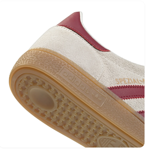 Adidas Handball Spezial 'Cream White & Collegiate Burgundy' Cream Suede Upper, Burgundy 3-Stripes & Heel Collar, White Round Laces, Gold SPEZIAL Lettering & Gum Rubber Outsole Vintage Autumn Heritage Handball Lifestyle Sneakers