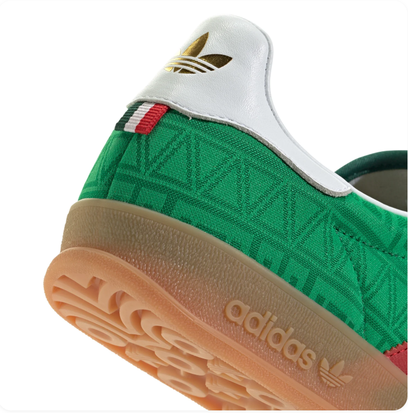 Adidas Gazelle Indoor × Gucci 'Collegiate Green & Scarlet Red' GG Monogram Embossed Bi-Tone Green Leather Upper, Red 3-Stripes, White Collar, Black Square Tongue Label, Gold adidas Insole & Translucent Gum Outsole Luxury Collab Heritage Sneakers