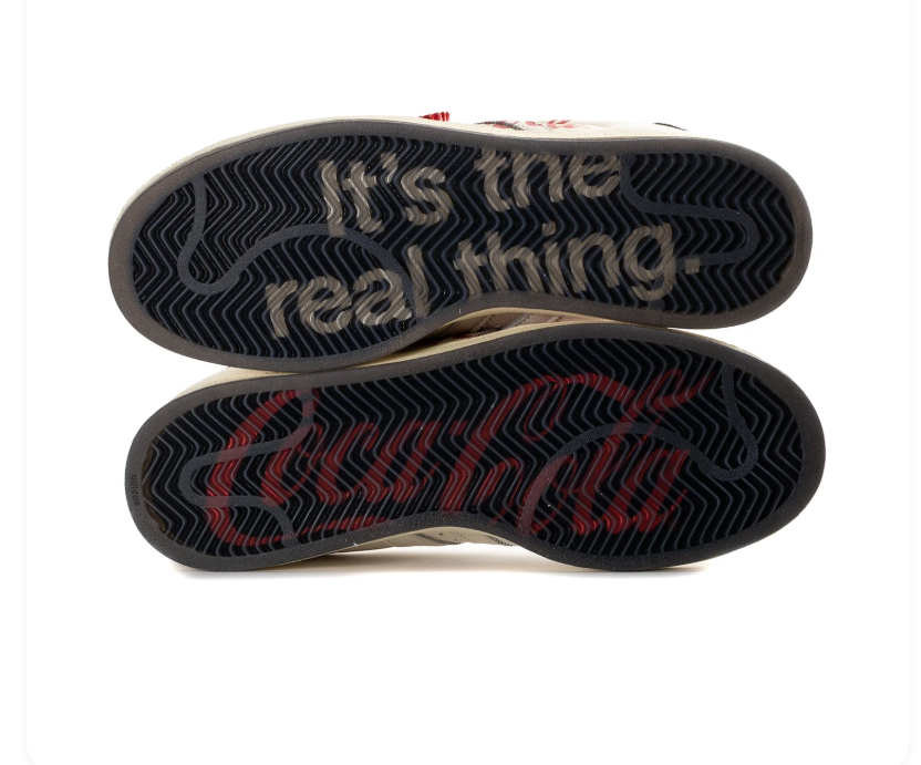 Adidas Superstar x Coca-Cola 'Enjoy Coca-Cola' Off-White Vintage Leather, Black Suede Heel, Red Script Print, Metal Charm & Black Outsole Limited Edition Collab Sneakers
