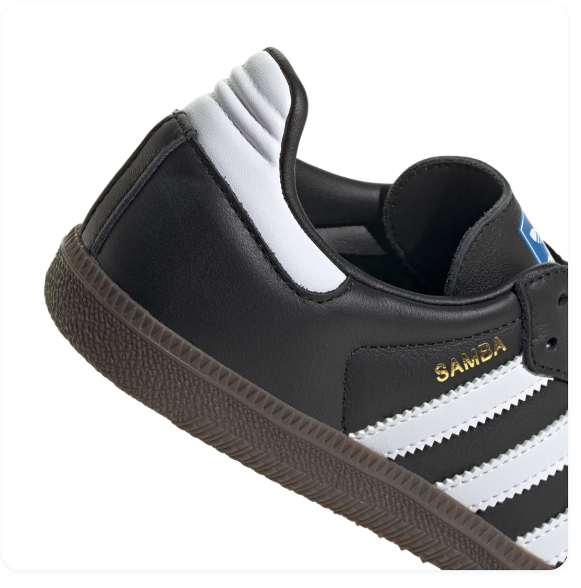 Adidas Samba OG 'Core Black & Cloud White' Black Smooth Leather, Black Suede Toe Cap, White 3-Stripes, Gold SAMBA Embroidery, Blue OG Tongue Label & Gum Outsole Iconic Retro Football Lifestyle Sneakers