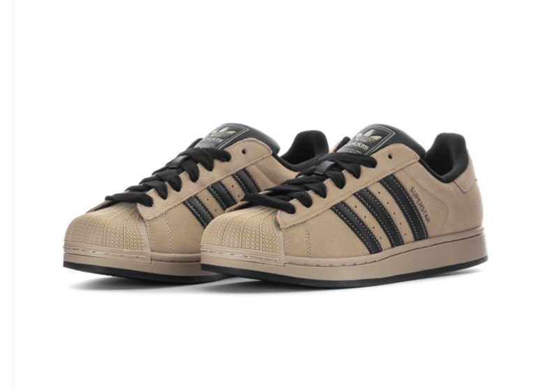 Adidas Superstar 'Wonder Beige & Core Black' Sand Suede, Black Leather 3-Stripes, Tonal Beige Shell Toe, Black Heel & Inner Lining, Square Trefoil Tongue Label & Black Outsole Earthy Retro Basketball Lifestyle Sneakers
